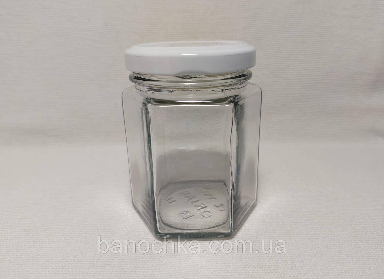 Банка скляна 196 мл шестигранна з білою кришкою (24 штуки)