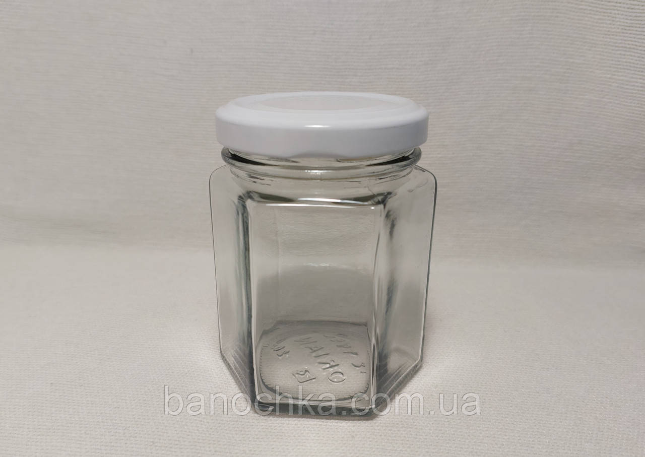 Банка скляна 196 мл шестигранна з білою кришкою (24 штуки)